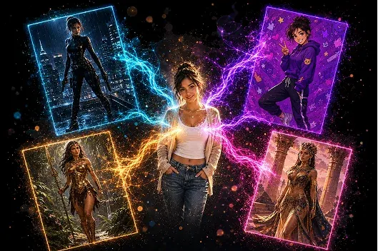 Your photo at the centre of five AI-generated portraits — superhero, anime, fantasy and glamour styles — linked by neon light trails